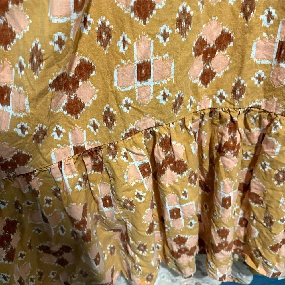 Aerie Linen Blend Halter Midi Dress Mustard Yellow Ikat Geometric Print Large